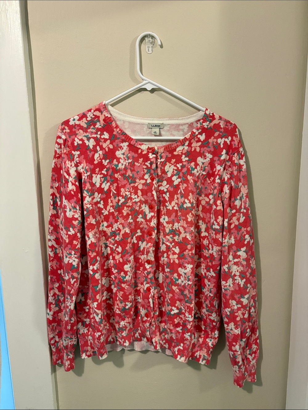 L.L. Bean Red Floral Crewneck Cardigan